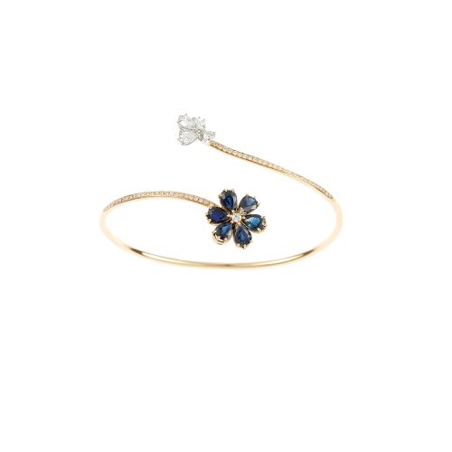 Flower shaped bangle with white & sapphire diamonds